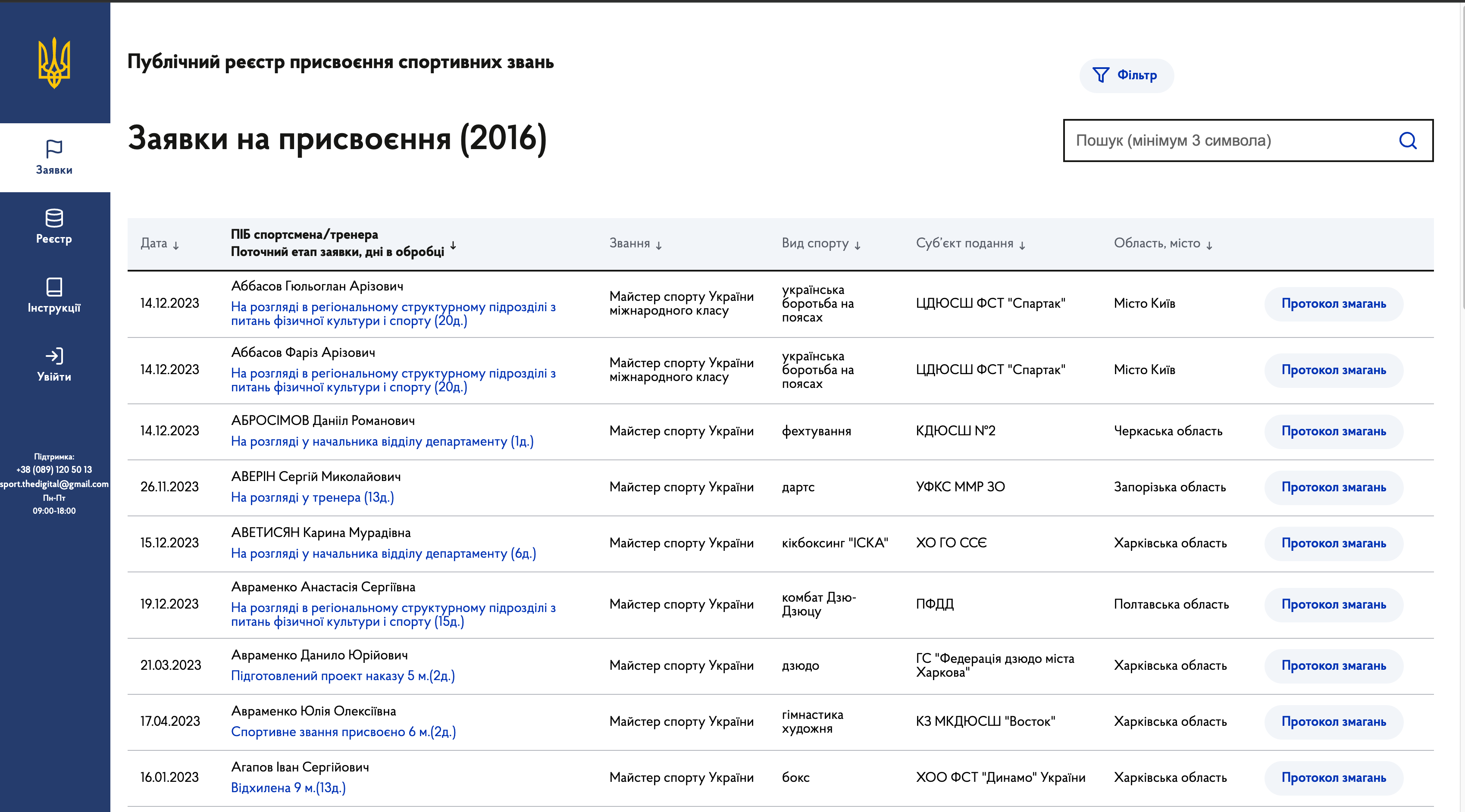Публічний реєстр присвоєння спортивних звань
